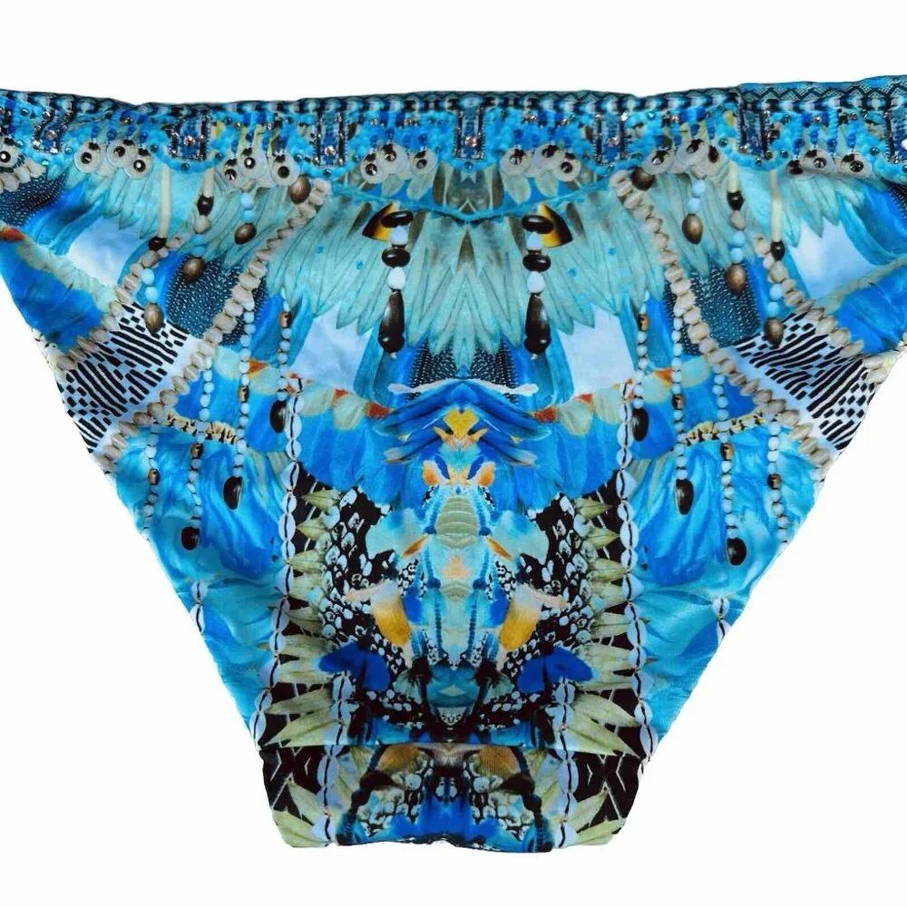 Camilla - Women's XL Bikini Bottom Side Tie Adjustable Blue Gem Beaded Luxury - Picture 5 of 10